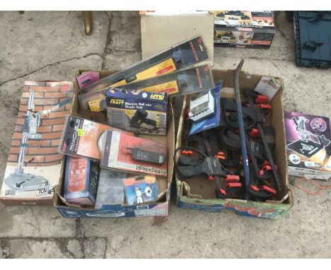 VARIOUS ITEMS TO INCLUDE A DRILL STAND, CROWBAR, CLAMPS, NAILGUN ETC 