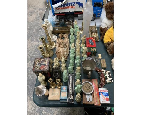 A COLLECTION OF CHESS PIECES, BRASS CANDLE STICKS, VINTAGE TINS ETC 