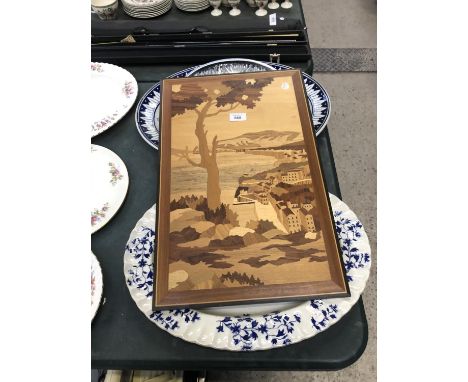TWO CERAMIC MEAT PLATES, GLASS DISH AND INLAID WOODEN PICTURE 