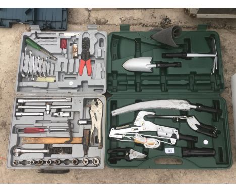 VARIOUS TOOLS TO INCLUDE GARDEN LOPPERS, TROWEL, FORK SOCKET SET, HAMMER, SCREWDRIVERS ETC IN CASES 