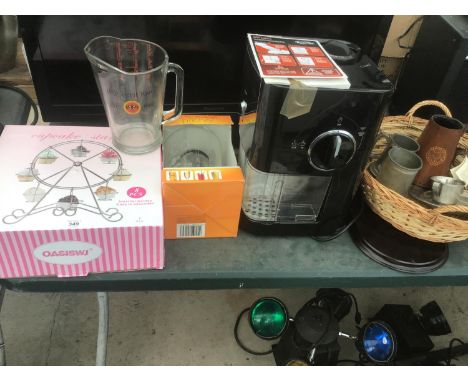 A BREVILLE CAPPUCCINO MAKER IN WORKING ORDER, GLASS PITCHERS, A BIG WHEEL CUPCAKE STAND ETC 