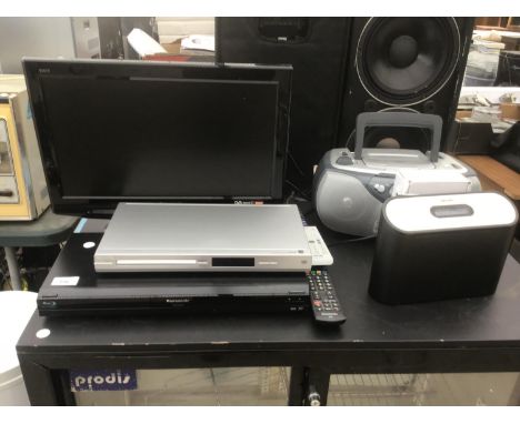 A PANASONIC BLUE RAY DISC PLAYER, A BUSH RADIO, A PANASONIC 18 INCH TELEVISION AND REMOTE CONTROL, KEYSAFE AND CD PLAYER ETC 