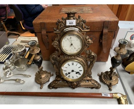 A METAL J.J WAINWRIGHT AND CO, BIRMINGHAM ANEROID BAROMETER AND CLOCK GARNITURE SET 