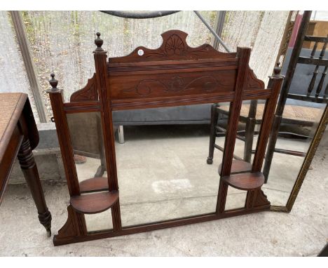 THREE ITEMS - AN OAK TAPESTRY FIRESCREEN, A MAHOGANY OVER MANTLE MIRROR AND A GILT FRAMED MIRROR 