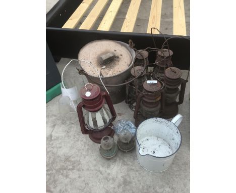 VARIOUS VINTAGE ITEMS TO INCLUDE LANTERNS, BUCKET, ENAMEL JUG ETC 