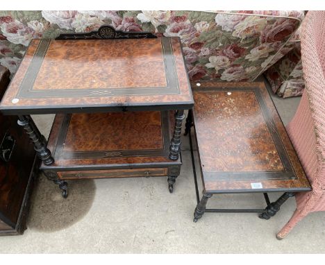 TWO INLAID WALNUT ITEMS - A LOW TABLE AND A TROLLEY WITH LOWER SHELF AND DRAWER 