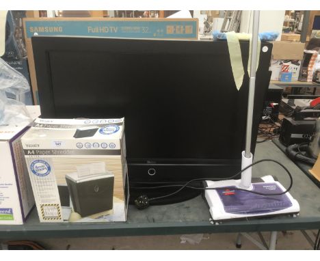 A TEVION 32 INCH TELEVISION WITH REMOTE CONTROL, A TEXET PAPER SHREDDER AND A BISSELL PERFECT SWEEP TURBO IN WORKING ORDER 