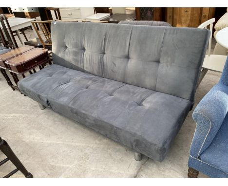 A MODERN GREY UPHOLSTERED BED SETTEE ON CHROME LEGS 