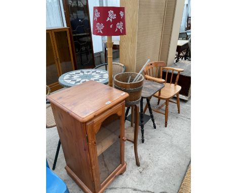 FIVE ITEMS - A PINE CHAIR, A PINE CABINET, AN OAK BARREL PLANTER, A STANDARD LAMP AND AN OAK SIDE TABLE 