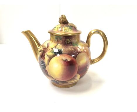 A ROYAL WORCESTER HAND PAINTED 'FRUIT STUDY' MINIATURE TEAPOT, SIGNED NUTT 
