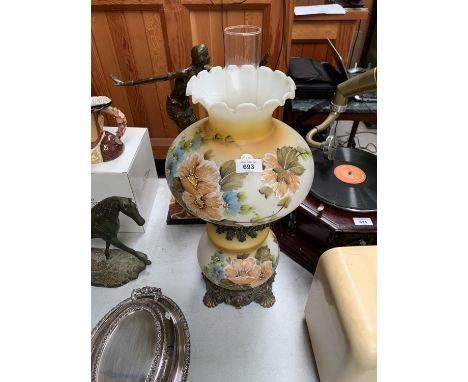 A VINTAGE GLASS HAND PAINTED OIL LAMP 
