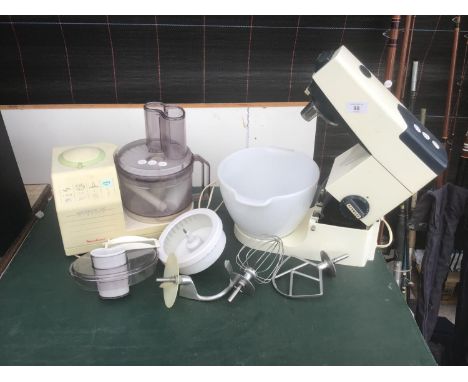 A KENWOOD CHEF WITH BEATER, DOUGH HOOK AND K WHISK AND A MOULINEX MASTERCHEF 520 CLASSIC FOOD PROCESSOR BOTH IN WORKING ORDER