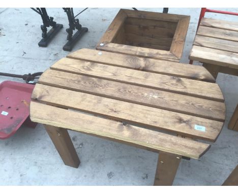 A WOODEN GARDEN LOW TABLE AND A SQUARE PLANTER 