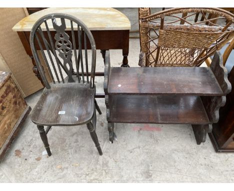 AN OAK WHEEL BACK DINING CHAIR AND A TWO TIER BOOK SHELF 