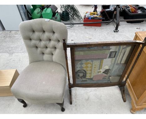 S GREEN BUTTON BACK BEDROOM CHAIR AND AN OAK AND TAPESTRY FIRE SCREEN 