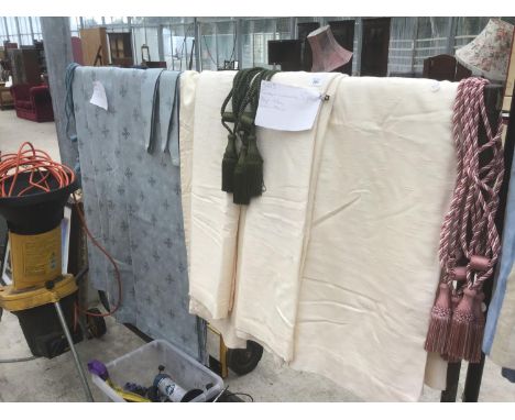FIVE PAIRS OF CREAM CURTAINS AND ONE PAIR OF BLUE WITH TIE BACKS (SEE PHOTOS FOR SIZES) PLEASE NOTE RAIL NOT INCLUDED 