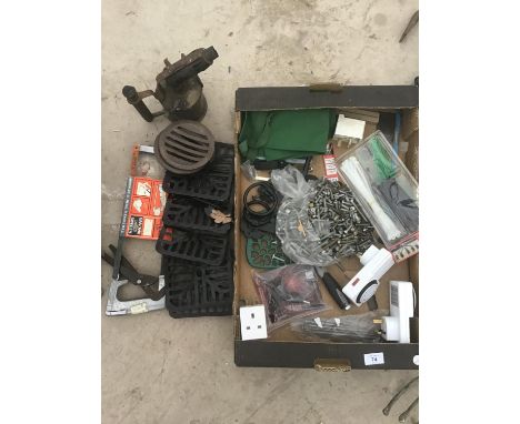 VARIOUS ITEMS TO INCLUDE GRID COVERS, SAW, NUTS, GATE FASTENS, TIMER SWITCHES ETC 