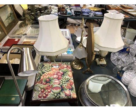 A PAIR OF ONYX LAMPS, STOOL, BRASS LAMP AND FLEXI FLOOR LAMP 