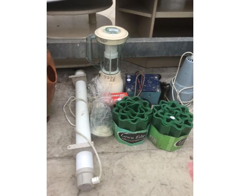 VARIOUS ITEMS TO INCLUDE BATTERY CHARGER IN WORKING ORDER, A BLENDER IN WORKING ORDER, LAWN EDGINGS, LAMP ETC 