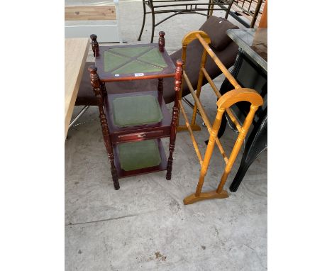 A MAHOGANY THREE TIER SERVING STAND WITH GREEN LEATHER TOP AND A PINE TOWEL RAIL 