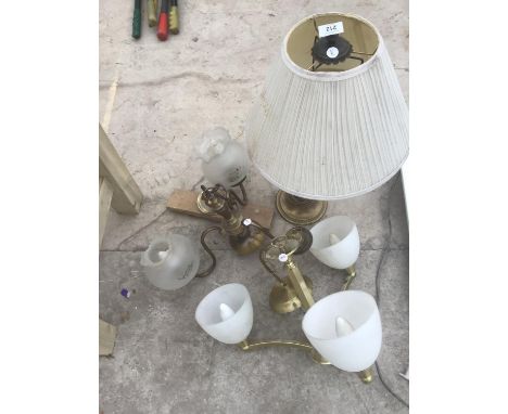 TWO BRASS CEILING LIGHTS AND A BRASS LAMP 