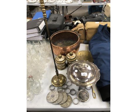 A MIXED GROUP OF ITEMS - SILVER PLATED LIDDED ITEM, COPPER BOWL ETC 