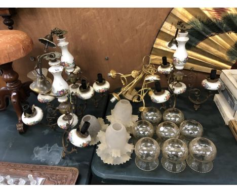 THREE CERAMIC AND METAL CEILING LIGHTS WITH GLASS SHADES 