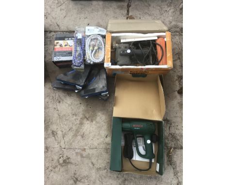 A BELT SANDER, A BOSCH PHG 500-2, TRANSPORT WHEELS AND BUNGEE STRAPS ETC 