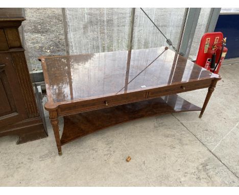 A LARGE BURR WALNUT COFFEE TABLE WITH LOWER SHELF 