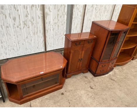 THREE YEW WOOD ITEMS - A TV STAND, SMALL CABINET AND STEREO CABINET 