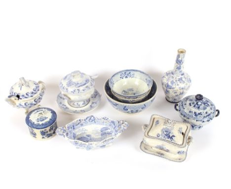 A Davenport blue and white sauce tureen; three others; a Spode chestnut basket, AF; a 19th Century Spode style fruit bowl dec