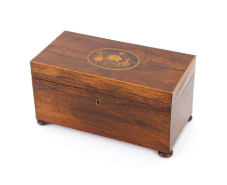 A 19th Century rosewood and satinwood inlaid tea caddy,&nbsp;raised on ball feet, 30cm, interior missing&nbsp;