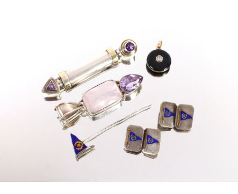 A silver pendant set with semi-precious stone; a silver, gold and amethyst set brooch; an enamel diamond and gold pendant; si