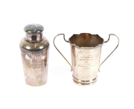 An electro plated cocktail shaker, Manco, engraved "Riley Motor Club Third Winter Trial, First Class Award", screw fitting to