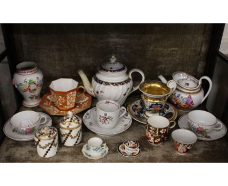 A Newhall teacup and saucer;&nbsp;a 19th Century Worcester teapot AF; a Wedgwood octagonal tea cup and saucer decorated monog