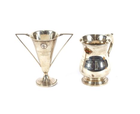 A silver presentation baluster shaped mug, by Charles Boyton, London 1937 with Frazer Nash enamel badge, engraved "Stanley Cu