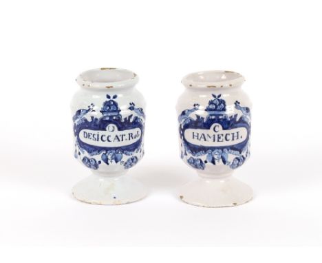 A pair of 18thCentury Delft Albarello HAMECH and DESICCAT. Rub.&nbsp;having blue floral and bird decoration of baluster form,