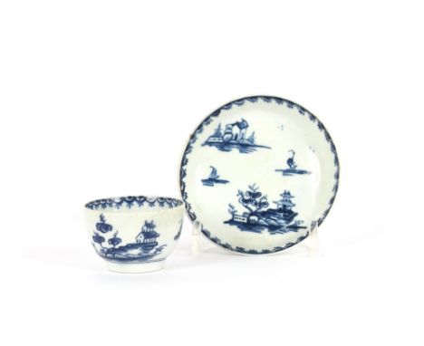 A miniature Worcester blue and white tea bowl and saucer,&nbsp;decorated pagoda and rural scenes, saucer 8cm dia., bowl 5cm d