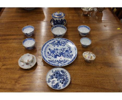 A Worcester fence patterned saucer, a Chinese blue and white plate; various tea bowls; continental porcelain floral encrusted