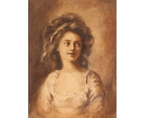19th Century school, head and shoulders portrait study of a young girl, unsigned watercolour in decorative gilt frame, 30cm x