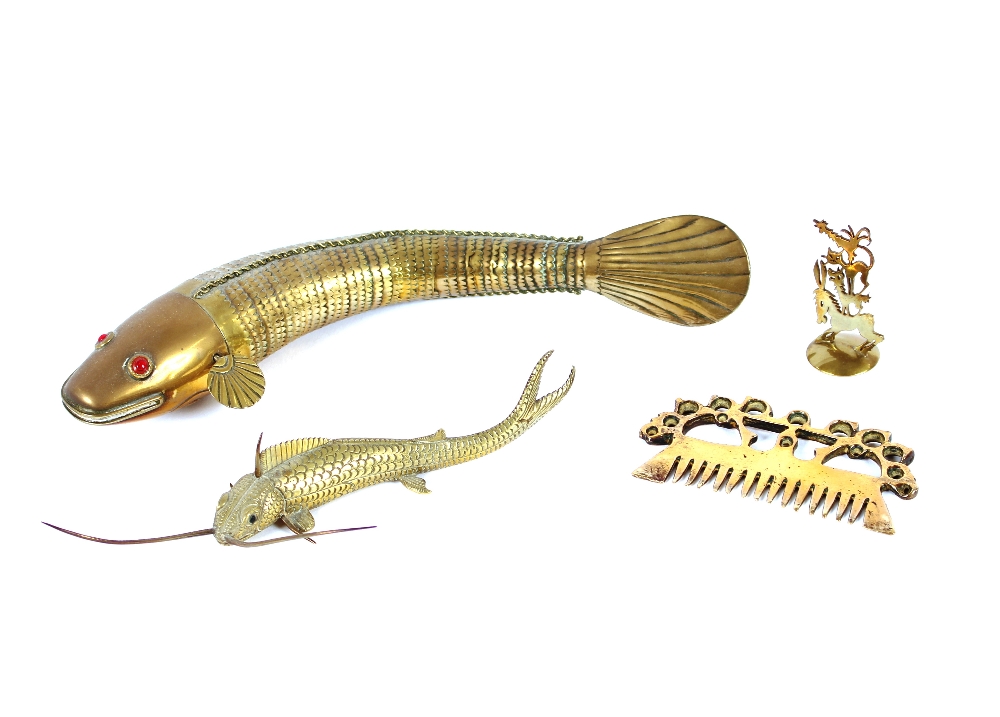An Oriental brass articulated fish, 25cm long; a brass model of a carp