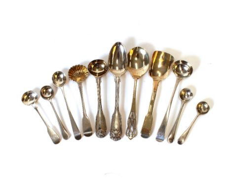 A collection of mostly Georgian salt and condiment spoons,&nbsp;including two by Mappin &amp; Webb, and one by Peter and Anne