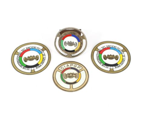 Club International des Anciens Pilotes de Grand Prix badge, Drago Paris, plated and enamel dia. 7cm, and three peel back CIAP