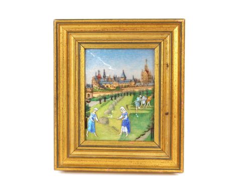 A Limoges enamel plaque,&nbsp;depicting figures harvesting with town in the background, 12cm x 9cm
