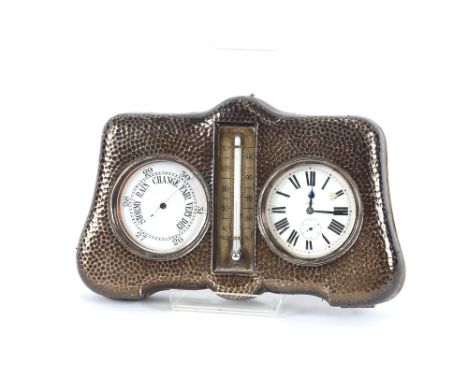 A Goliath pocket watch and pocket barometer, contained in a spot hammered travelling case, inset with a barometer