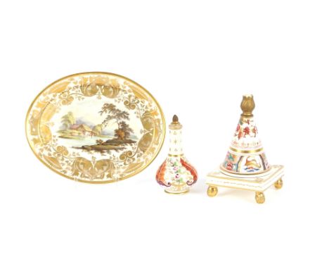 A 19th Century Derby oval dish,&nbsp;decorated with a Welsh scene, 19cm long; a porcelain pastel burner and cover heightened 