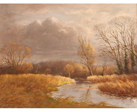 Alfred R Blundell,&nbsp;study of a woodland river scene, signed oil on canvas in simulated walnut painted frame, 34.5 x 44.5c