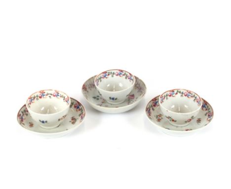 Three 19th Century tea bowls and saucers,&nbsp;with floral decoration