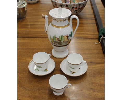 A Continental porcelain baluster coffee pot,&nbsp;with scenic decoration heightened in gilt; three matching cups and two sauc