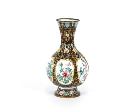An oriental enamel baluster vase, decorated with panels of birds and foliage, 36cm high